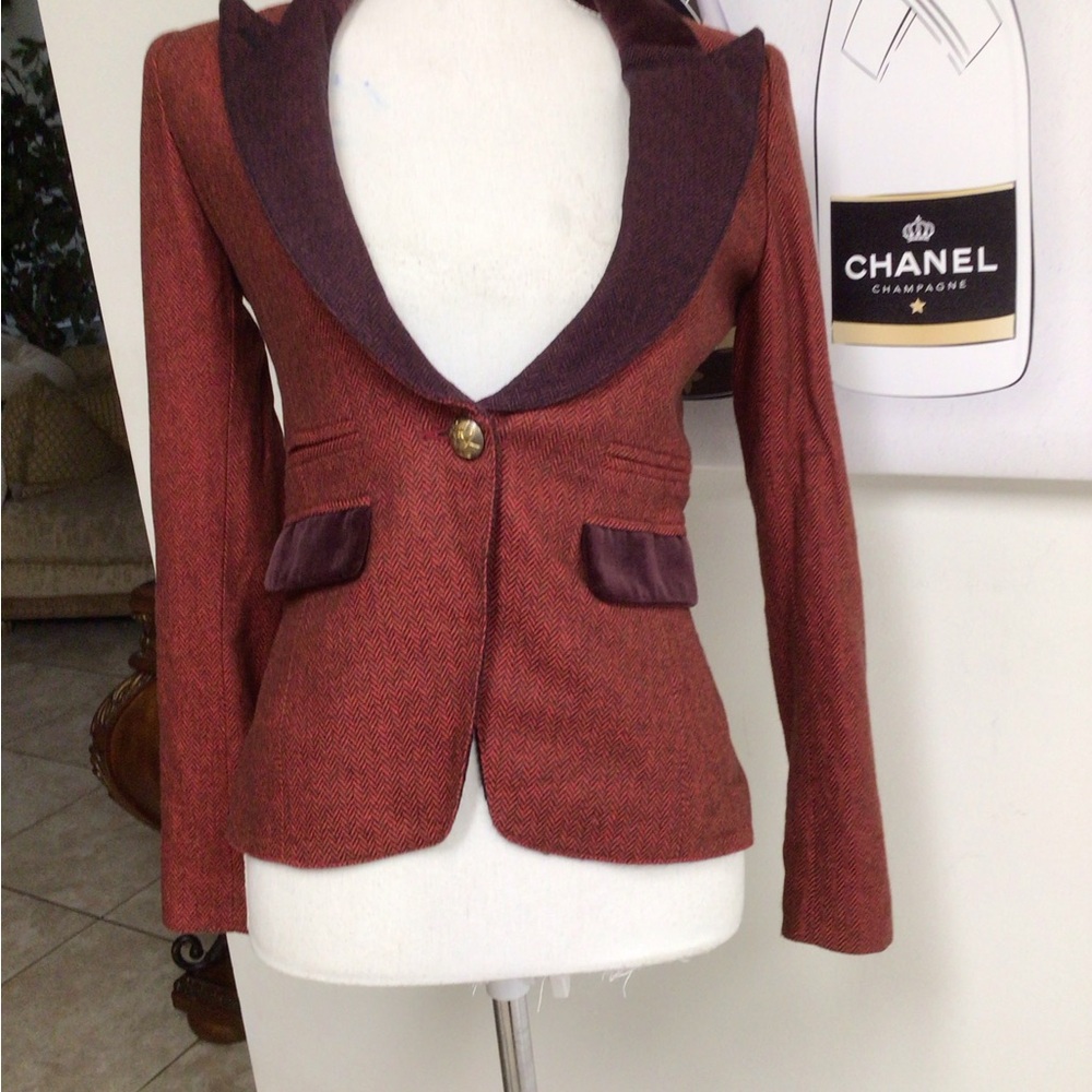 Smythe Velvet Trimmed Peak Lapeled Herringbone Blazer - Picture 4 of 16